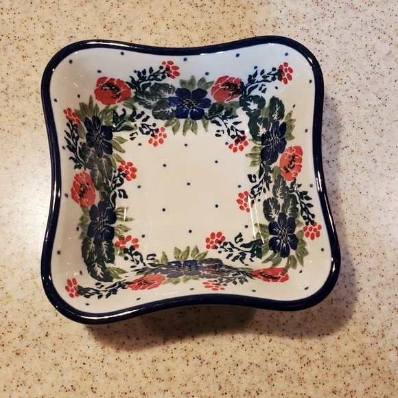 Square Wavy Edge Condiment Bowl Dish Handmade in Poland "Polish Wreath" … - Picture 2 of 6